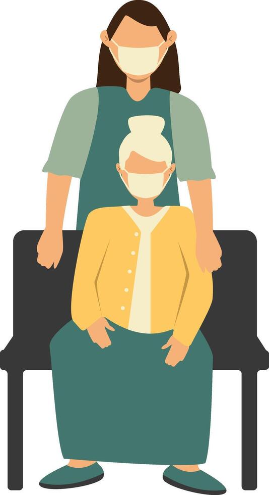 Volunteer Woman Taking Care about Old People in Cartoon Design. Isolated on White Background vector