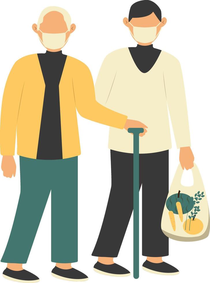 Volunteer Woman Taking Care about Old People with Cartoon Design vector