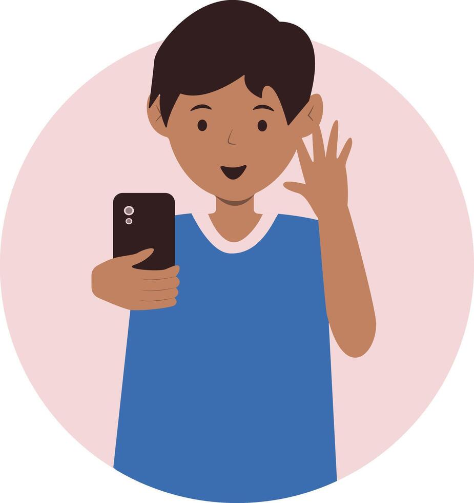 Smartphone Addicted Boy Character in Cartoon Design. vector