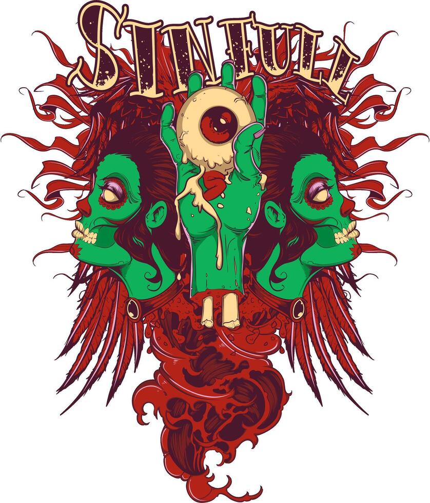 A dark and edgy t-shirt design featuring a sinister green skull with zombie hands, perfect for horror-themed apparel, vector
