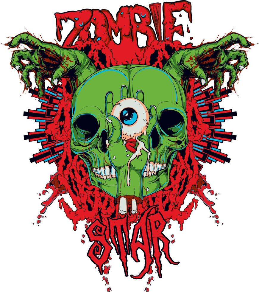 Edgy green zombie skull illustration perfect for T-shirts, horror merch, and Halloween designs. vector