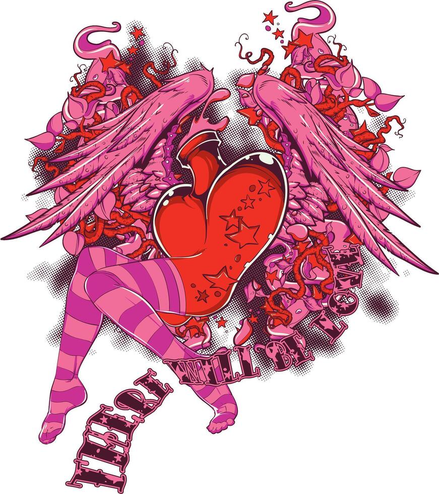 Winged Heart Woman Fantasy T-Shirt Art, Angelic Female Silhouette Graphic Design vector