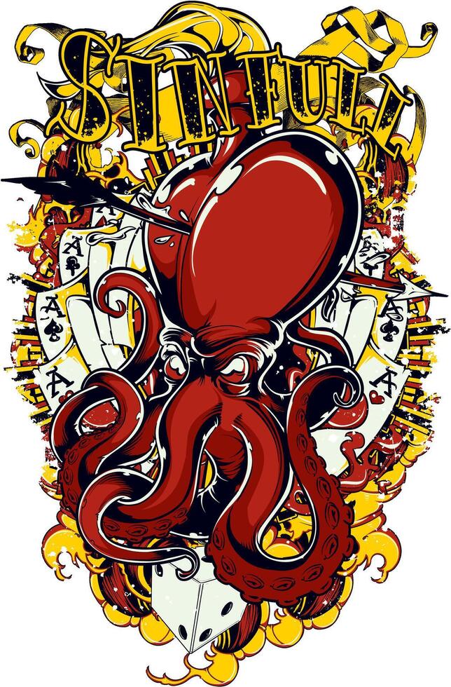 Sinful Red Octopus Graphic Tee Design - Bold Vintage Horror Illustration for Apparel and Merchandise vector