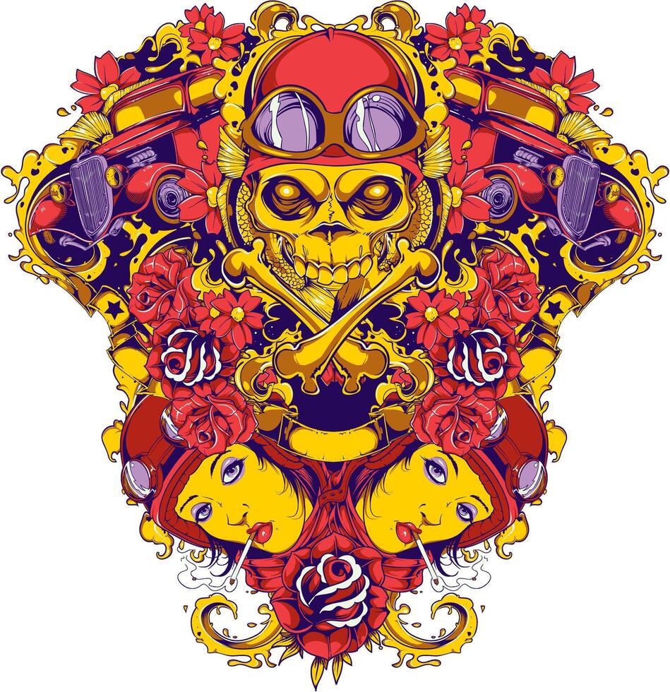 Vintage Retro Skull Car and Feminine Silhouette T-Shirt Graphic Design vector