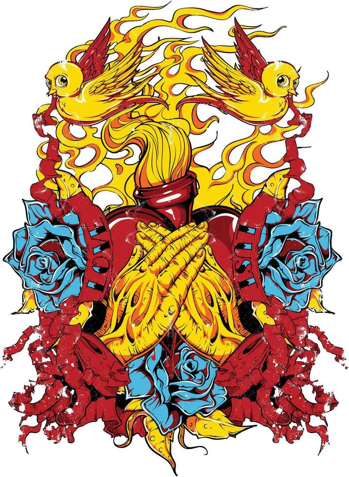 A vibrant illustration featuring a red and yellow heart with delicate birds resting on top. vector