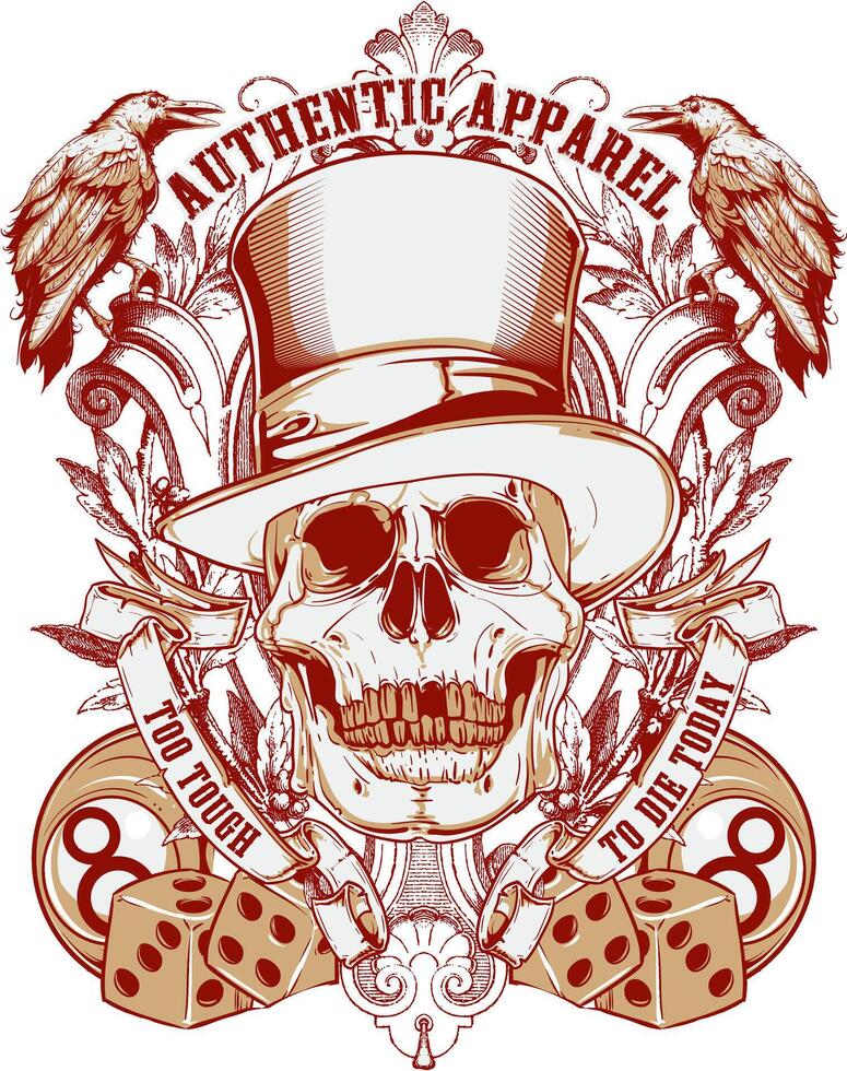 Edgy Vintage Skull Graphic Tee Design, Retro Death Motif T-Shirt Art, Bold Statement Apparel Illustration vector