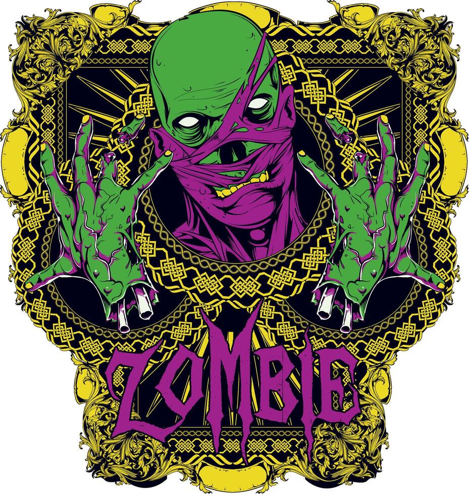 A striking zombie green t-shirt design featuring a gruesome undead character. Perfect for horror fans, Halloween apparel, and edgy streetwear. vector