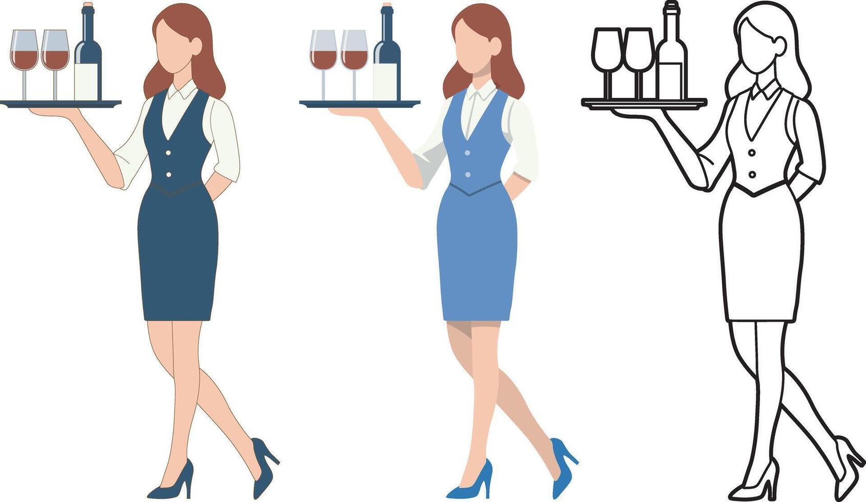 Waitress Balancing a Wine Tray Illustration Collection. vector