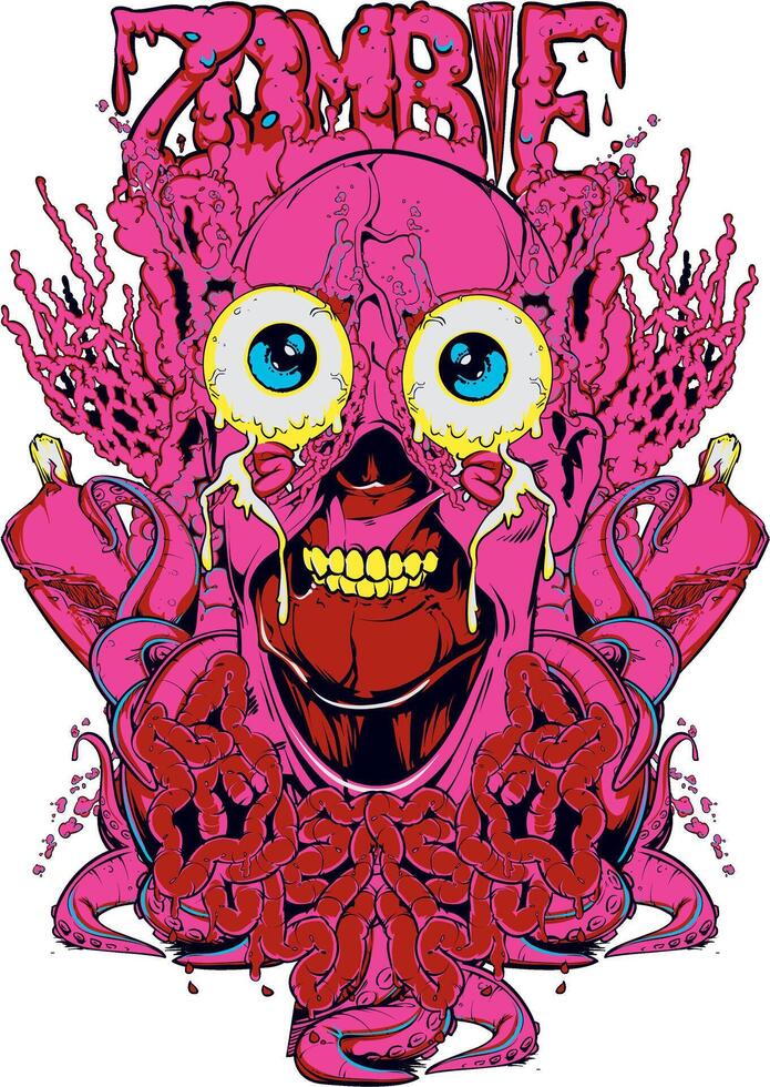 A bold and terrifying red zombie illustration perfect for T-shirt designs, horror-themed merchandise, and Halloween apparel. vector