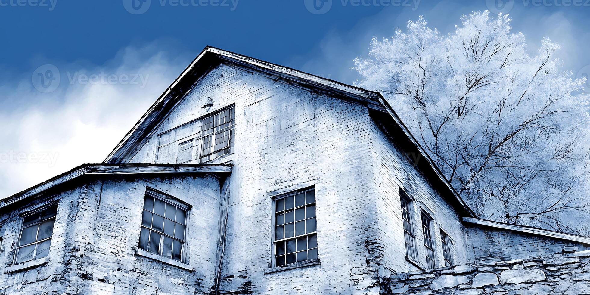 Winter Scene Depicting a House and a Bare Tree photo