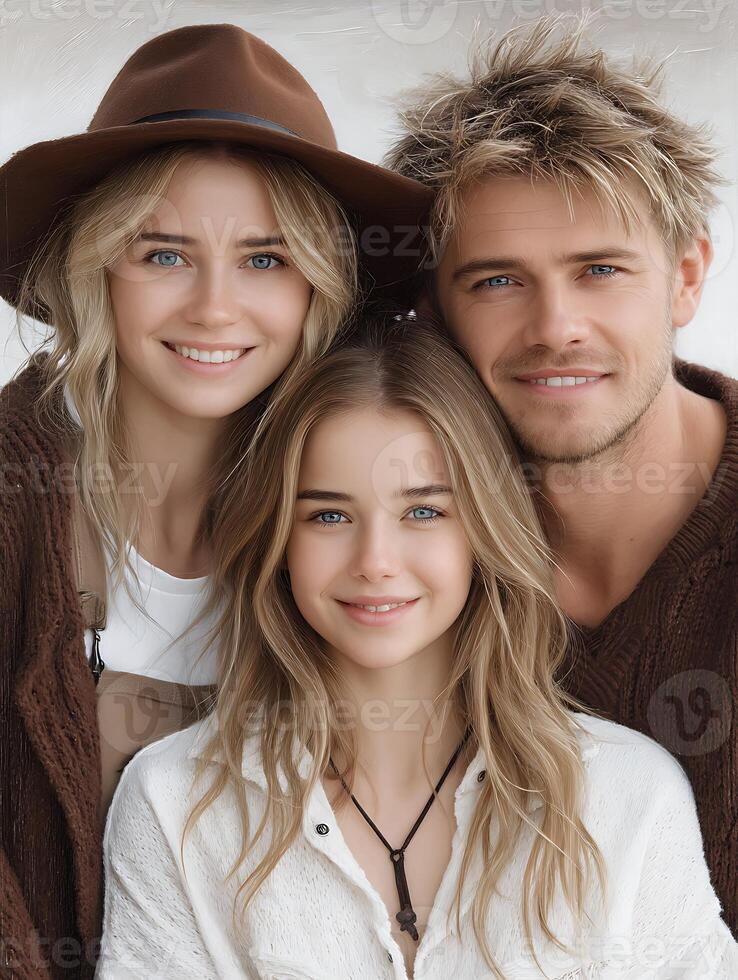 A Family Portrait With Three People Wearing Earth Tone Clothing photo