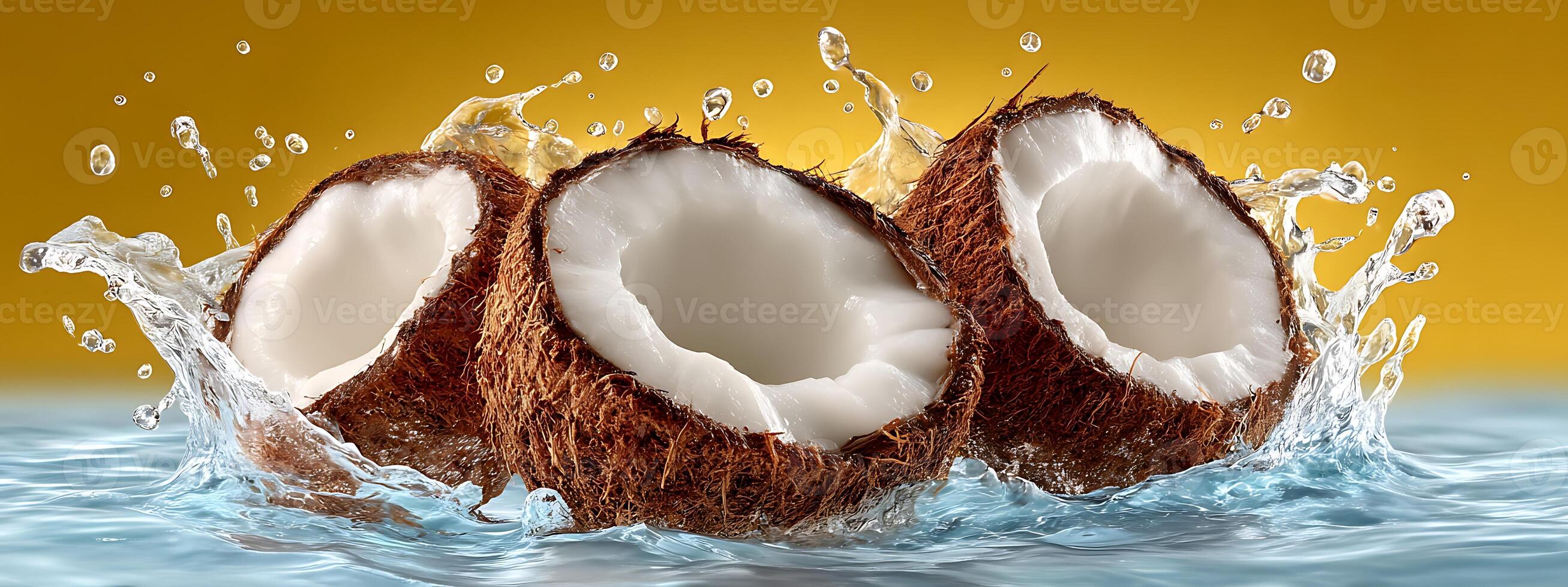Coconuts Splash in Water over the Yellow Background in Studio photo
