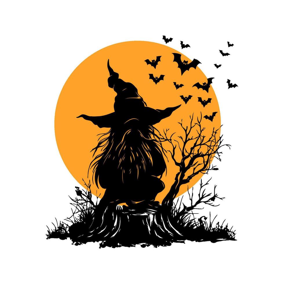 Silhouette Halloween gnome is sitting on a stump in front of a full moon. There are bats flying around her vector