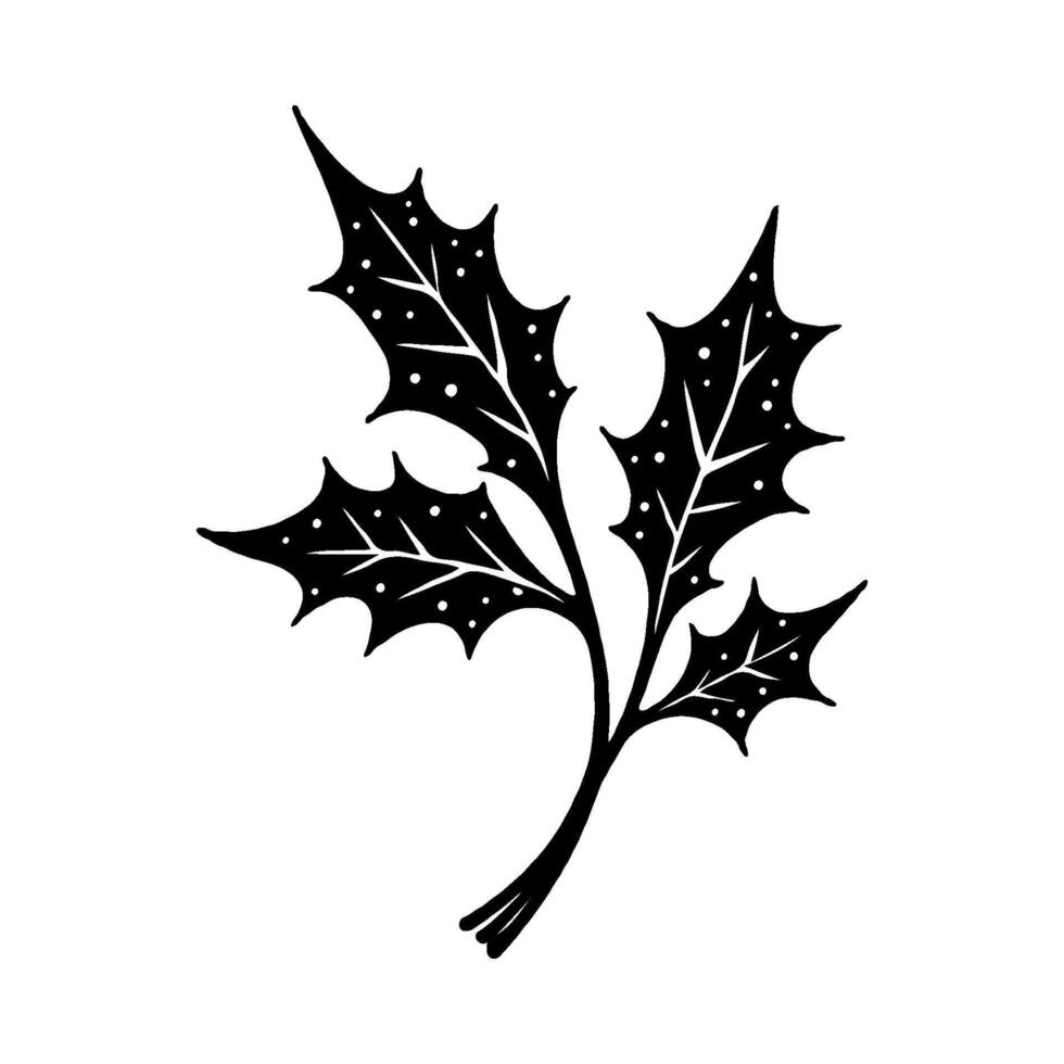 Stylized black silhouette of sharp holly leaves with dotted accents, hand-drawn design on a white background, concept of festive decoration vector