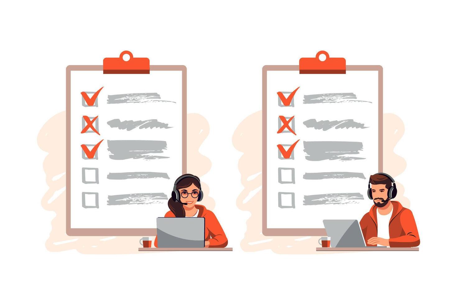 Survey concept. Feedback from customers or opinion form. Client answers understanding with professional research team. Characters filling survey form. vector