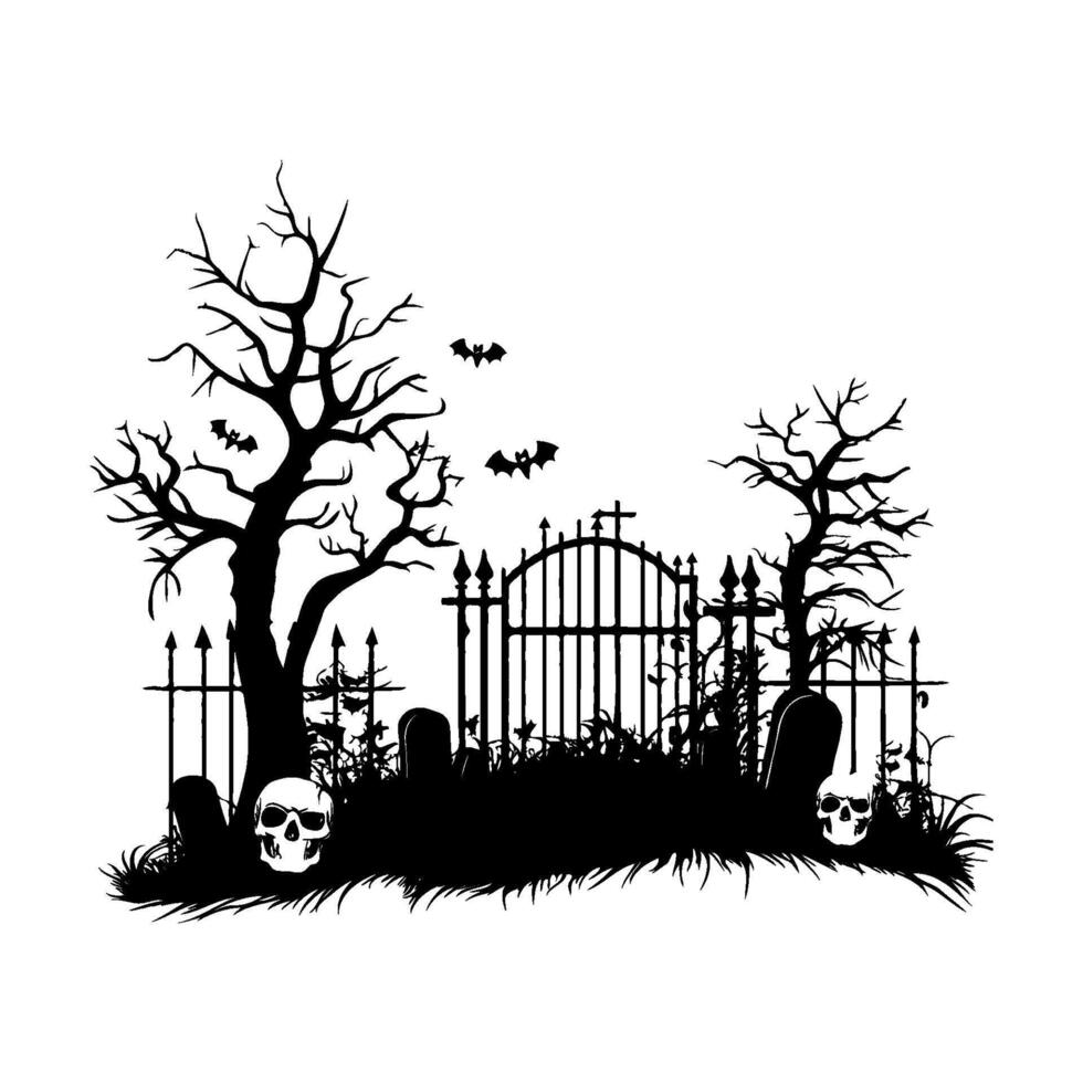 Silhouette graveyard with a gate and a cemetery with two skulls. The gate is surrounded by trees and there are bats flying around. Halloween scenes vector