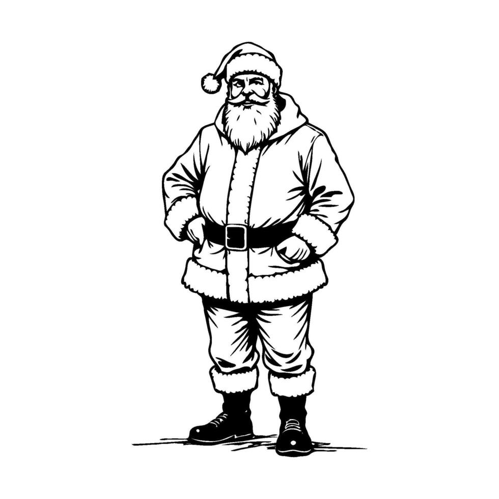 Hand-drawn illustration of Santa Claus standing confidently with hands on hips, in classic Christmas attire, on a plain white background vector