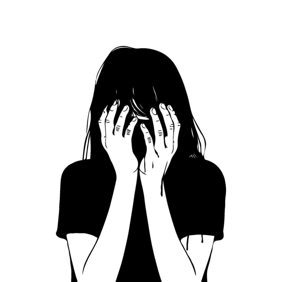 Woman covering face with hands, ink style, white background. Concept of anxiety vector
