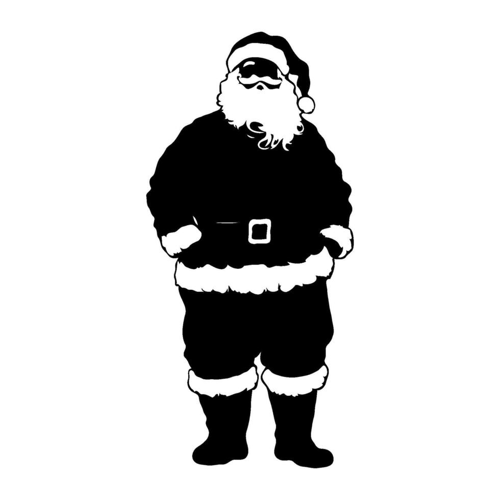 Black silhouette of Santa Claus in traditional outfit, minimal graphic style, isolated on white background, concept of Christmas celebration vector