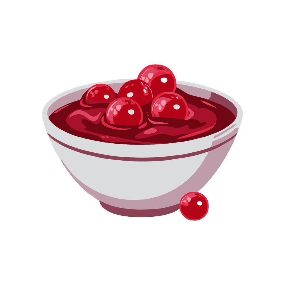 Bowl of vibrant red cranberry sauce topped with glossy cherries in a minimalist art style on a white background, concept of dessert vector