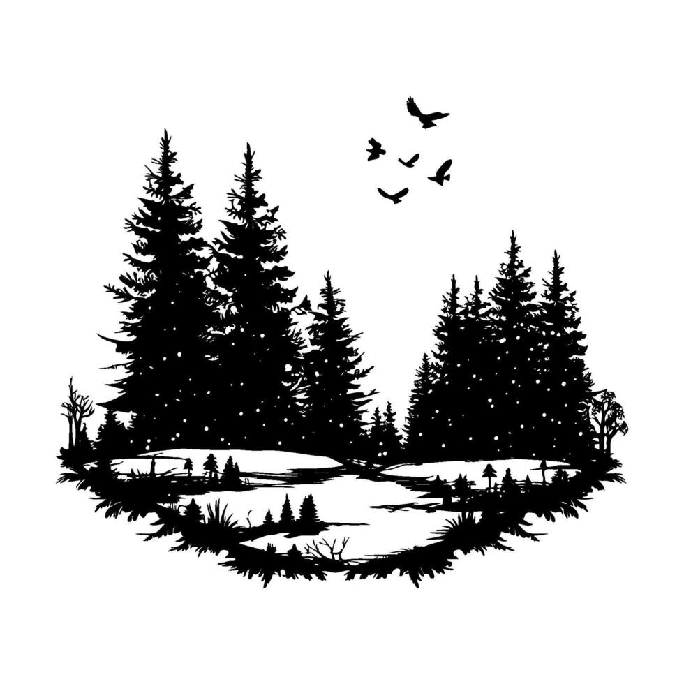 Silhouette of snowy pine forest with flying birds, black and white graphic style, on white background, concept of winter nature serenity vector
