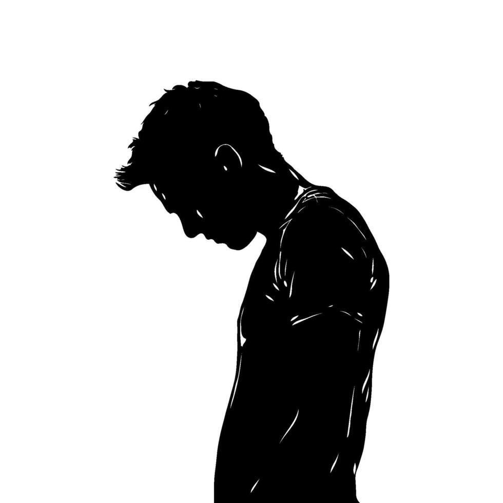 Silhouette of a sad man looking down, black and white illustration on a white background. Concept of depression, loneliness, and sorrow vector