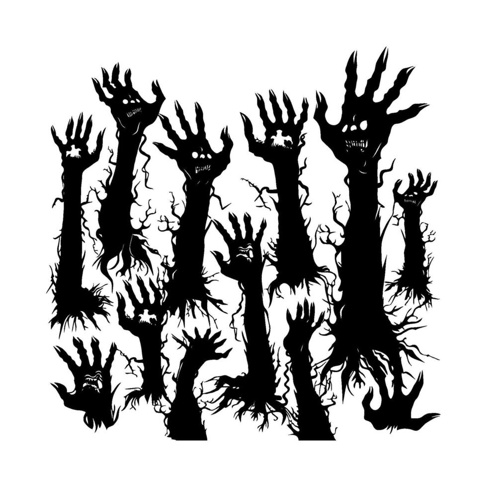 Creepy black monster arms with faces emerging from ground on white background. vector