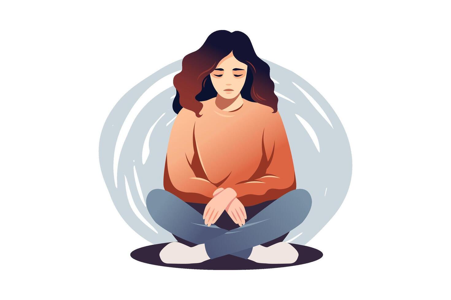 Concept emotional burnout or mental disorder. Tired woman sitting and thinking over problems. flat vector