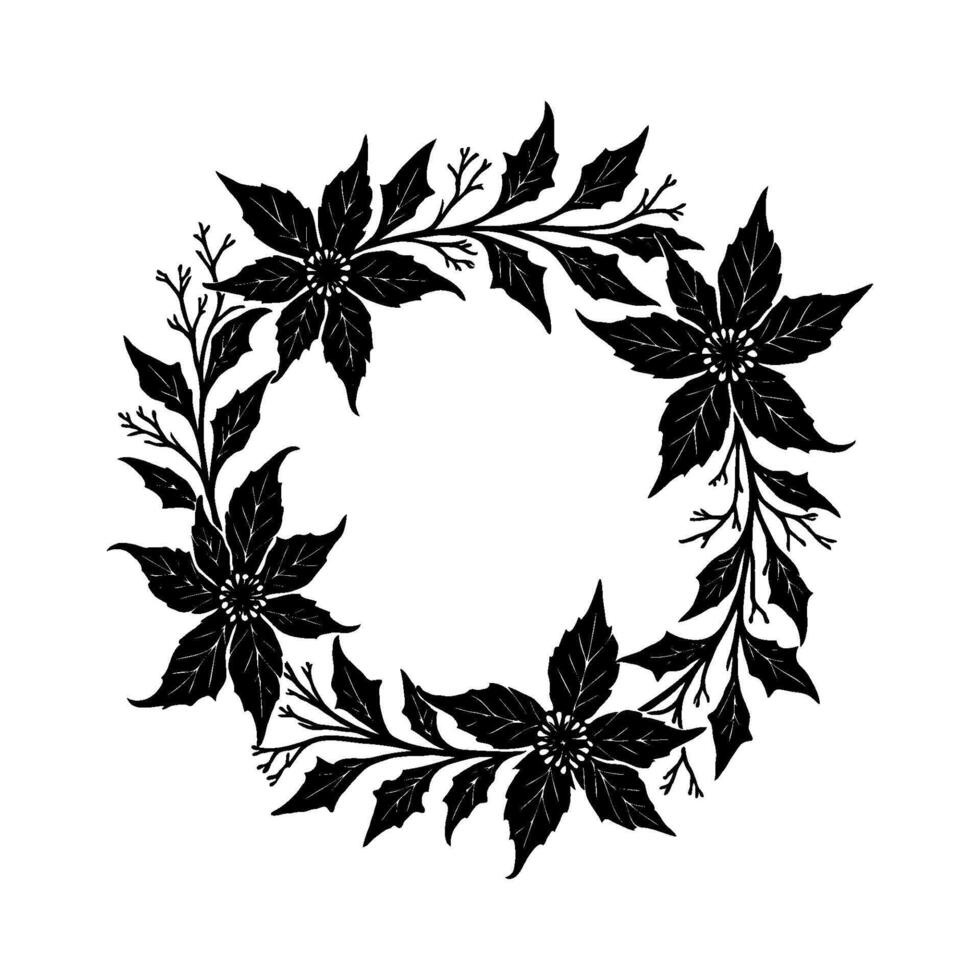 Decorative black floral wreath with poinsettia flowers and leafy branches in silhouette style on white background. Concept of holiday frame vector
