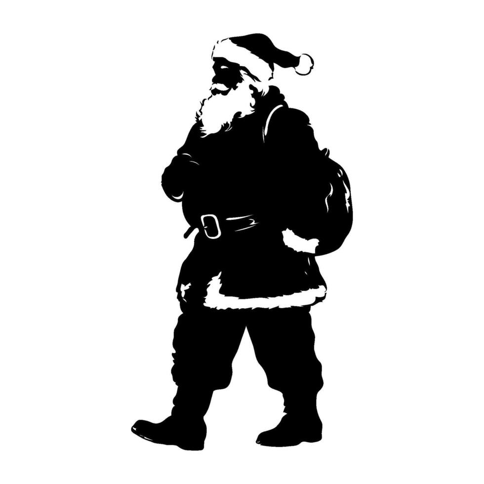 Silhouette of traditional Santa Claus walking with a gift sack, black and white graphic style, on plain white background, concept of Christmas vector