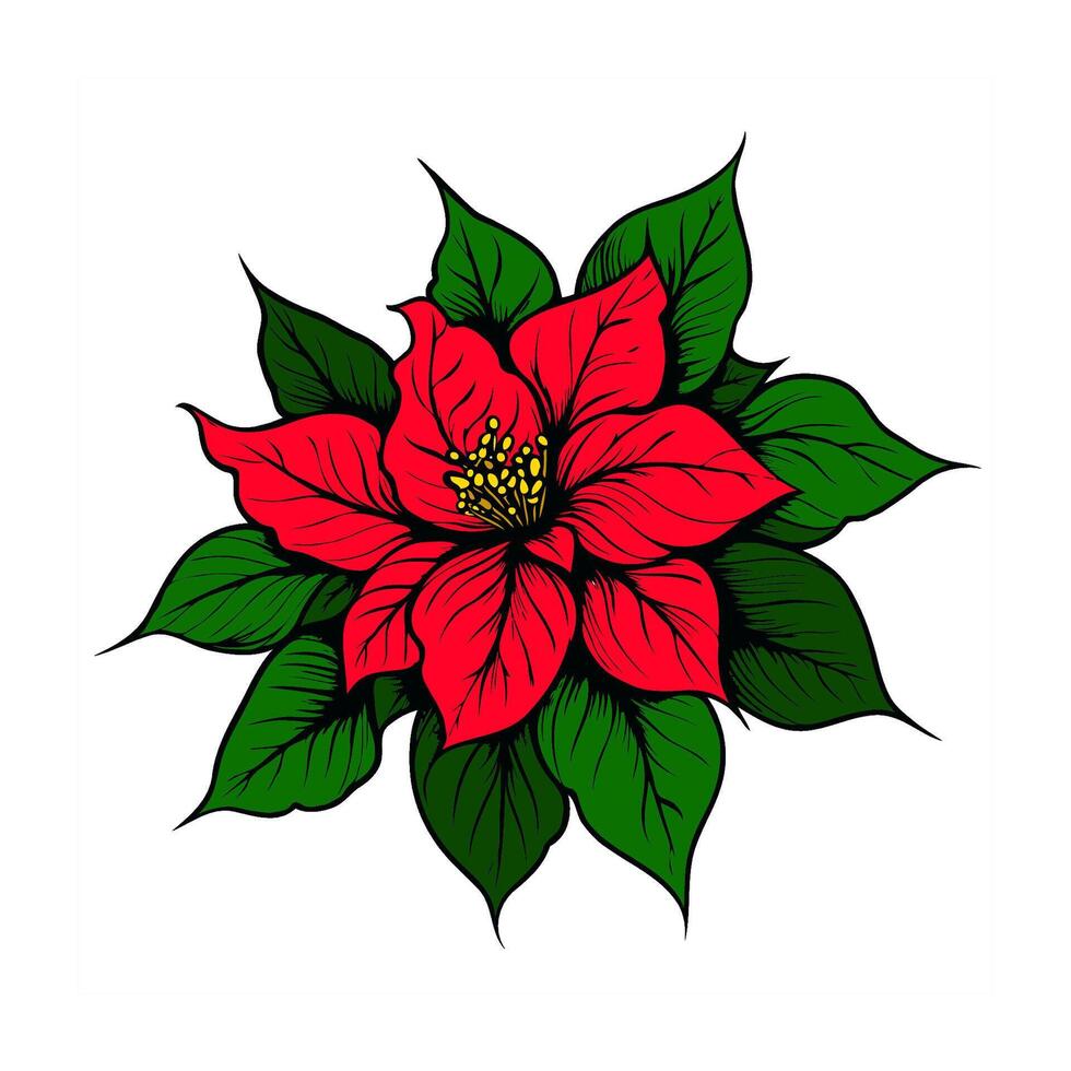 Red poinsettia flower with layered green leaves in bold graphic style on white background, symbolizing holiday and botanical elegance vector