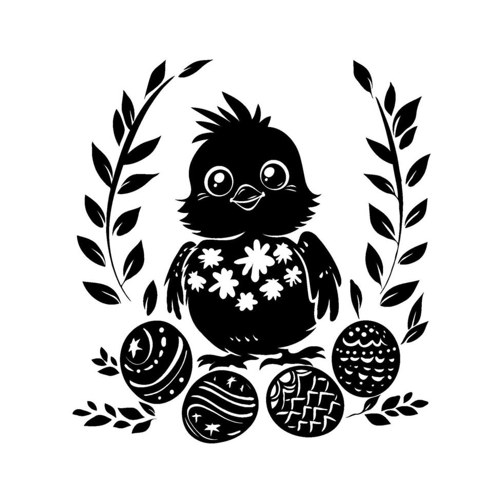 Silhouette of a cheerful chick surrounded by ornate Easter eggs and leafy wreath. Black and white style, on a white background vector