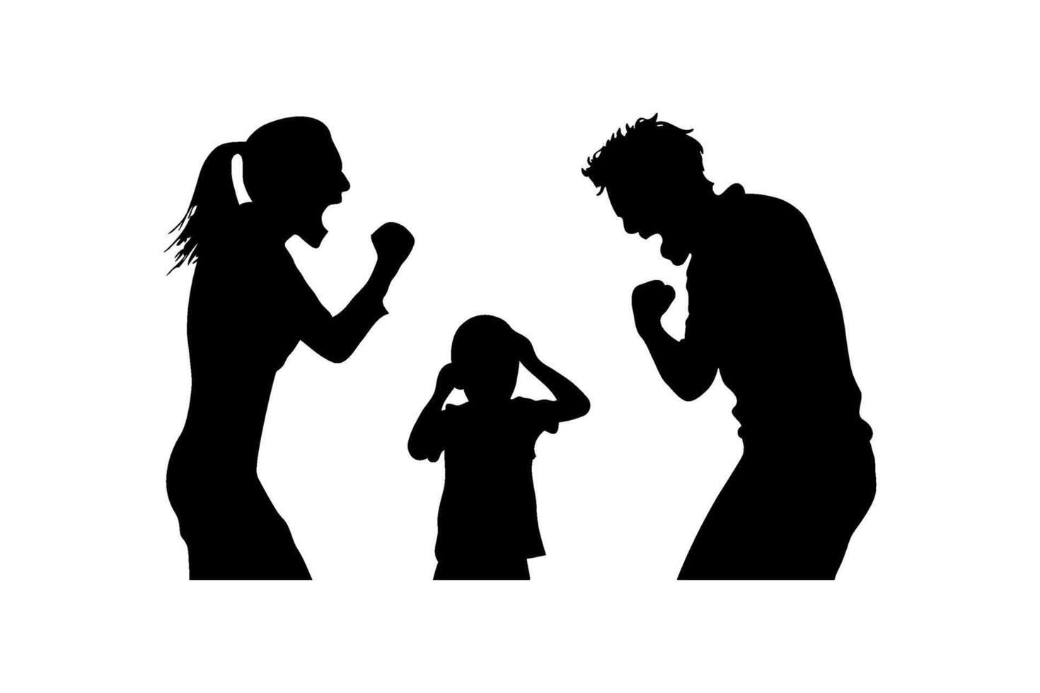 Silhouette of a family in conflict during an argument. Concept of stress, emotional distance. Concept of divorce, disagreement, relationship troubles vector