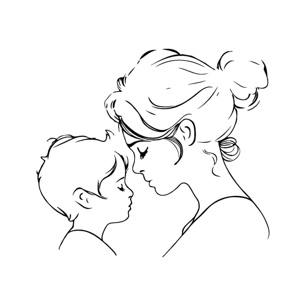 Line art of a mother and child touching foreheads, minimalist style on white background, symbolizing love and maternal bond vector