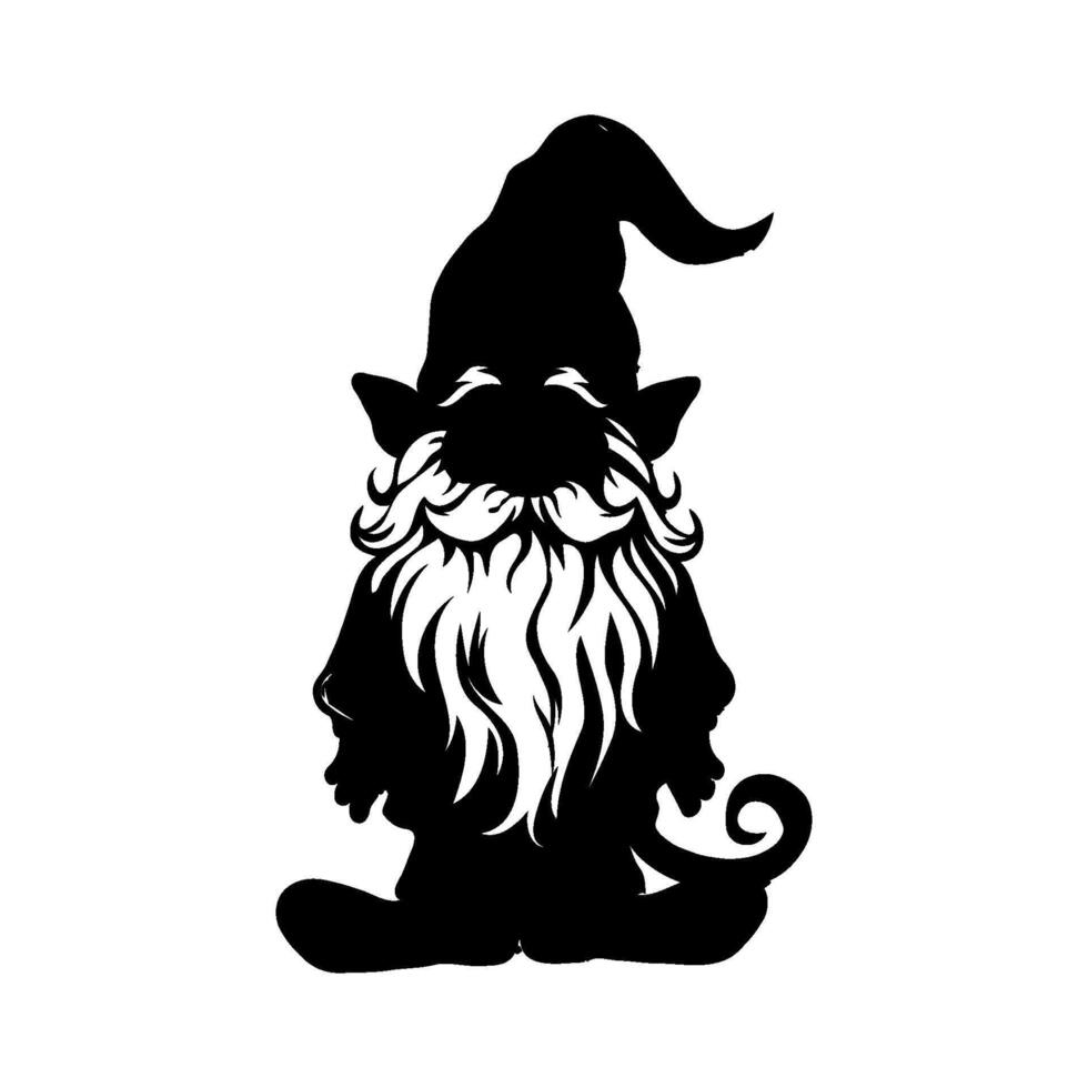 Silhouette cute gnome with a black hat and long beard on a white background. vector