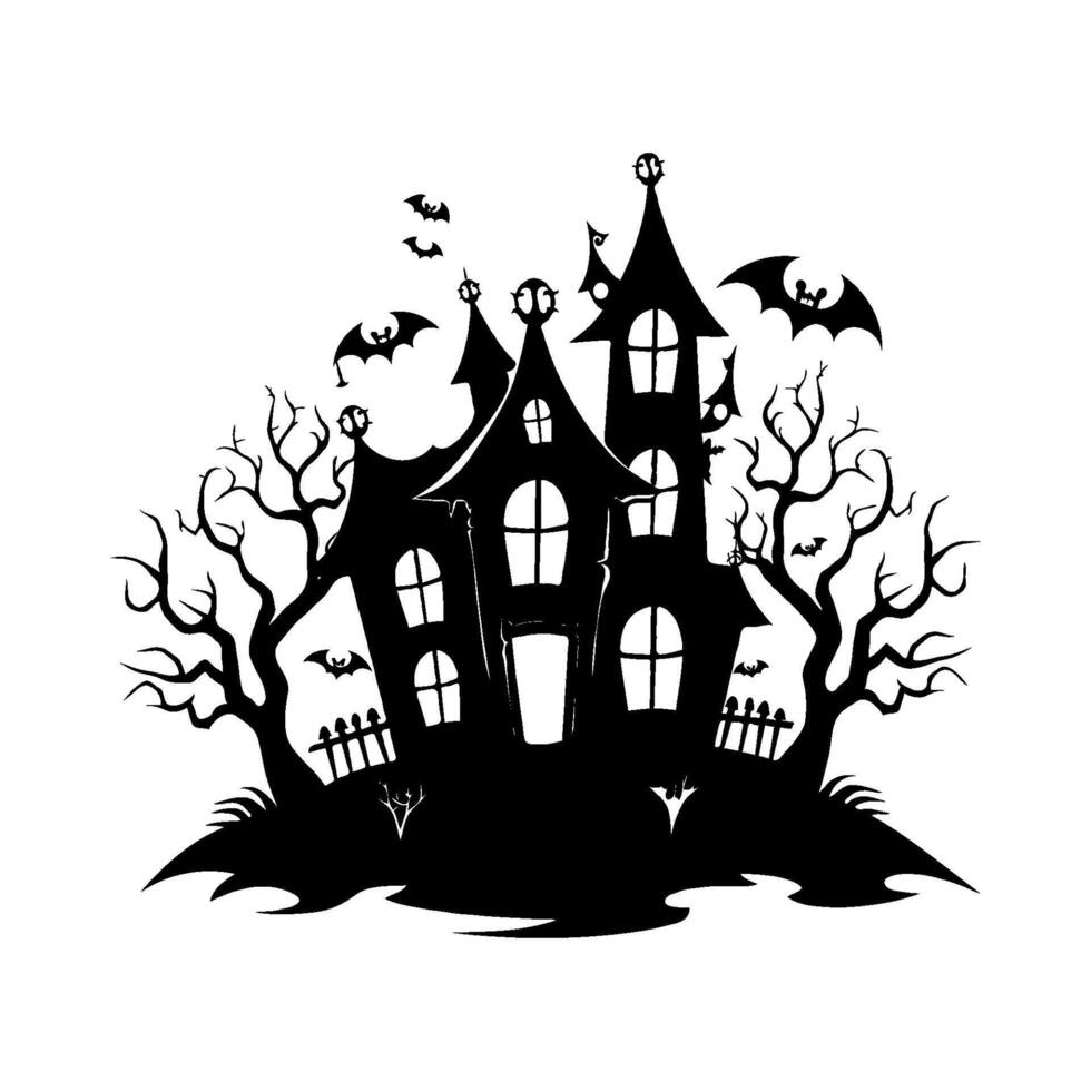 A black and white drawing of a haunted Halloween house with bats flying around it. silhouette isolated on white background. vector