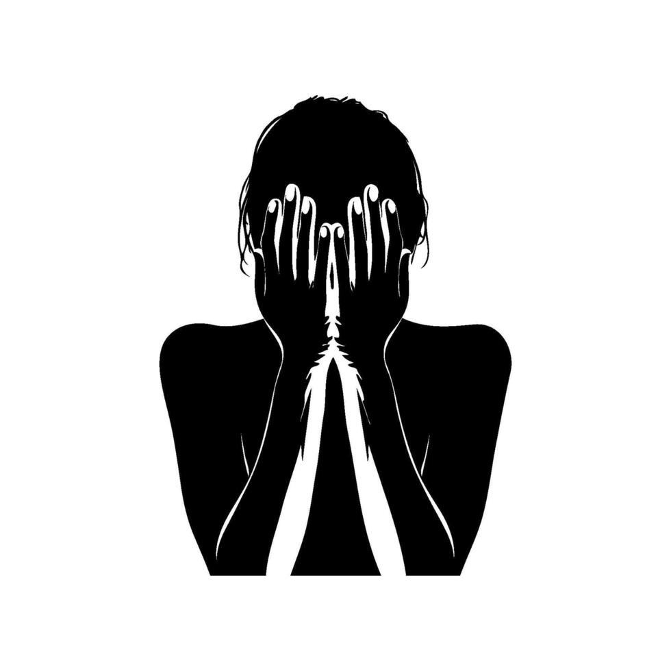 Silhouette of person covering face, graphic style, white background, concept of stress or anxiety vector