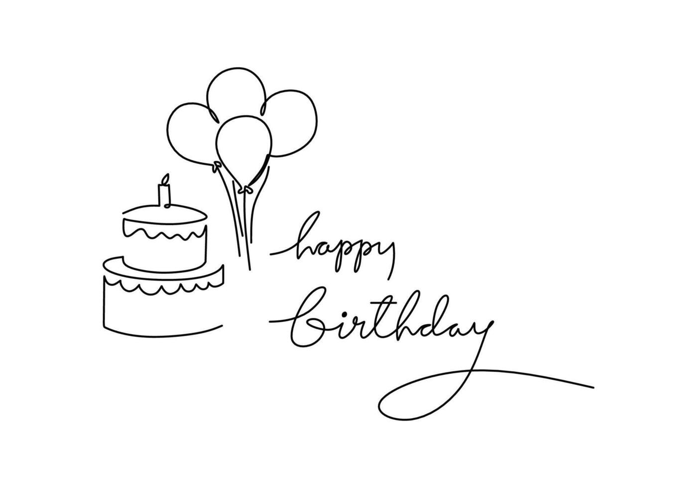 One Line Drawing. Birthday Banner, Balloons, Cake. vector