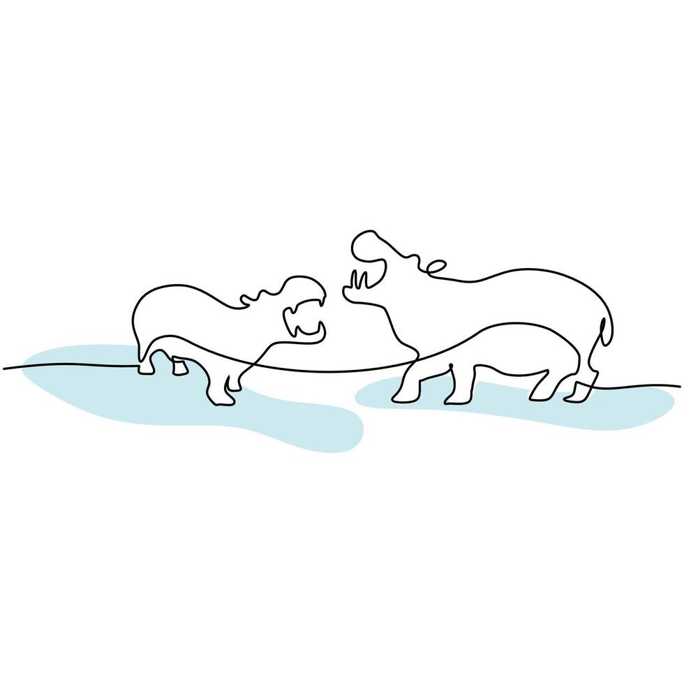 Two Big Hippopotamus. Single Line Drawing. vector
