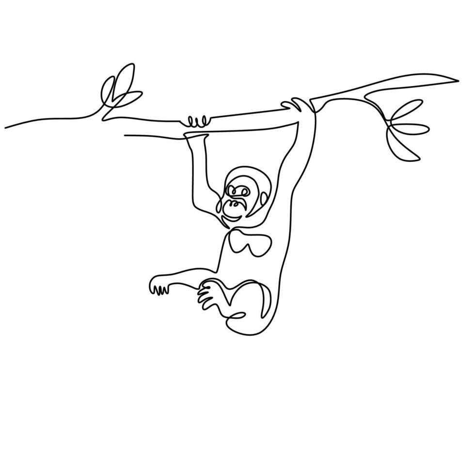 Single Continuous Line. Orangutan on Tree. vector