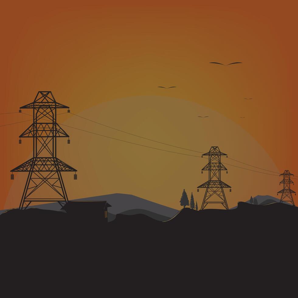 illustration of Power Transmission tower in night view in the village vector