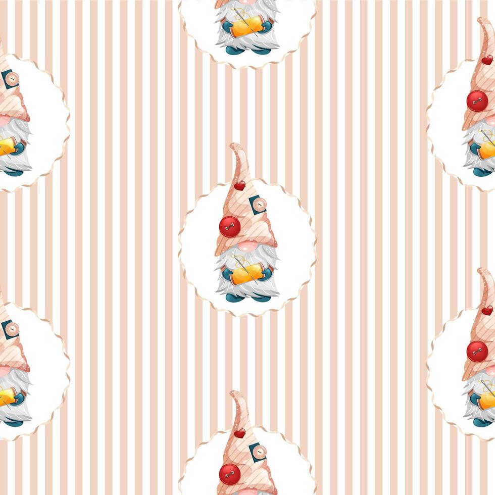 Seamless striped pattern with tailor, buttons and little hearts. Repetitive pattern of cute gnome dwarf with sewing thread and needle. vector