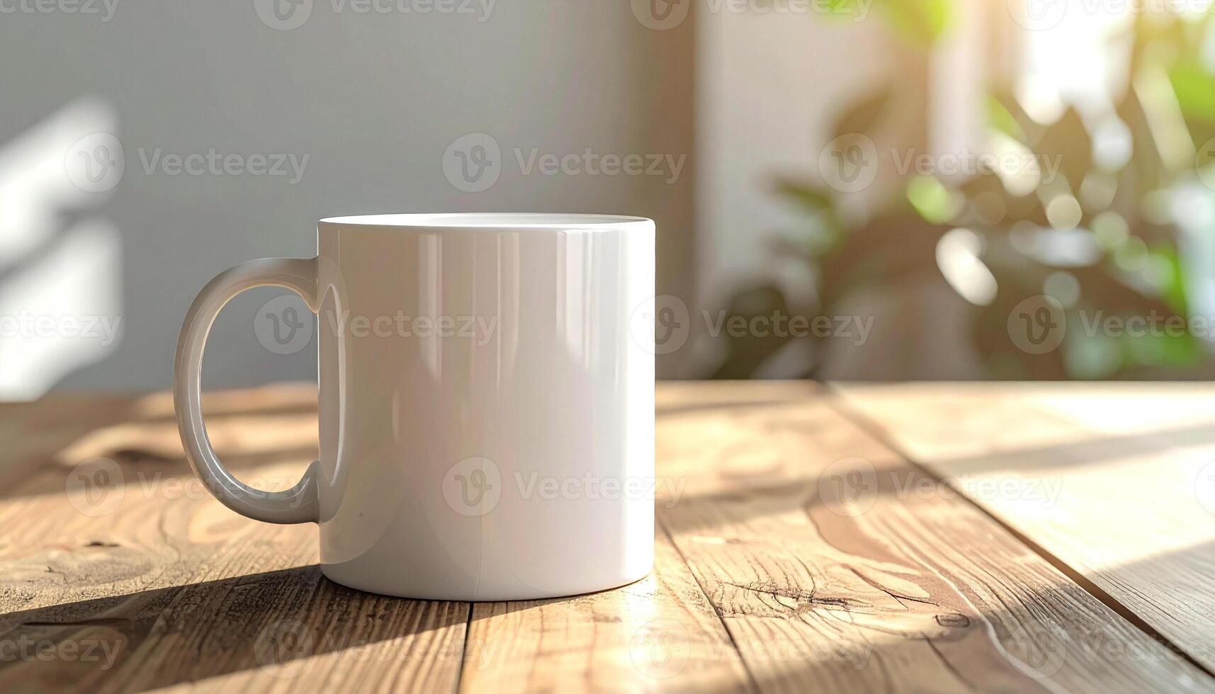 Blank ceramic coffee mug on wooden tabletop. photo