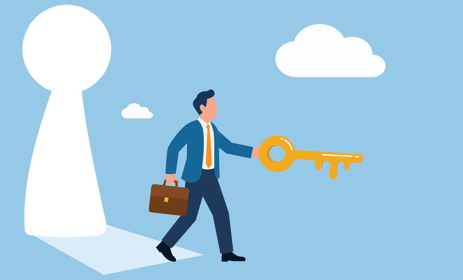 Businessman holding key to keyhole with cloud vector
