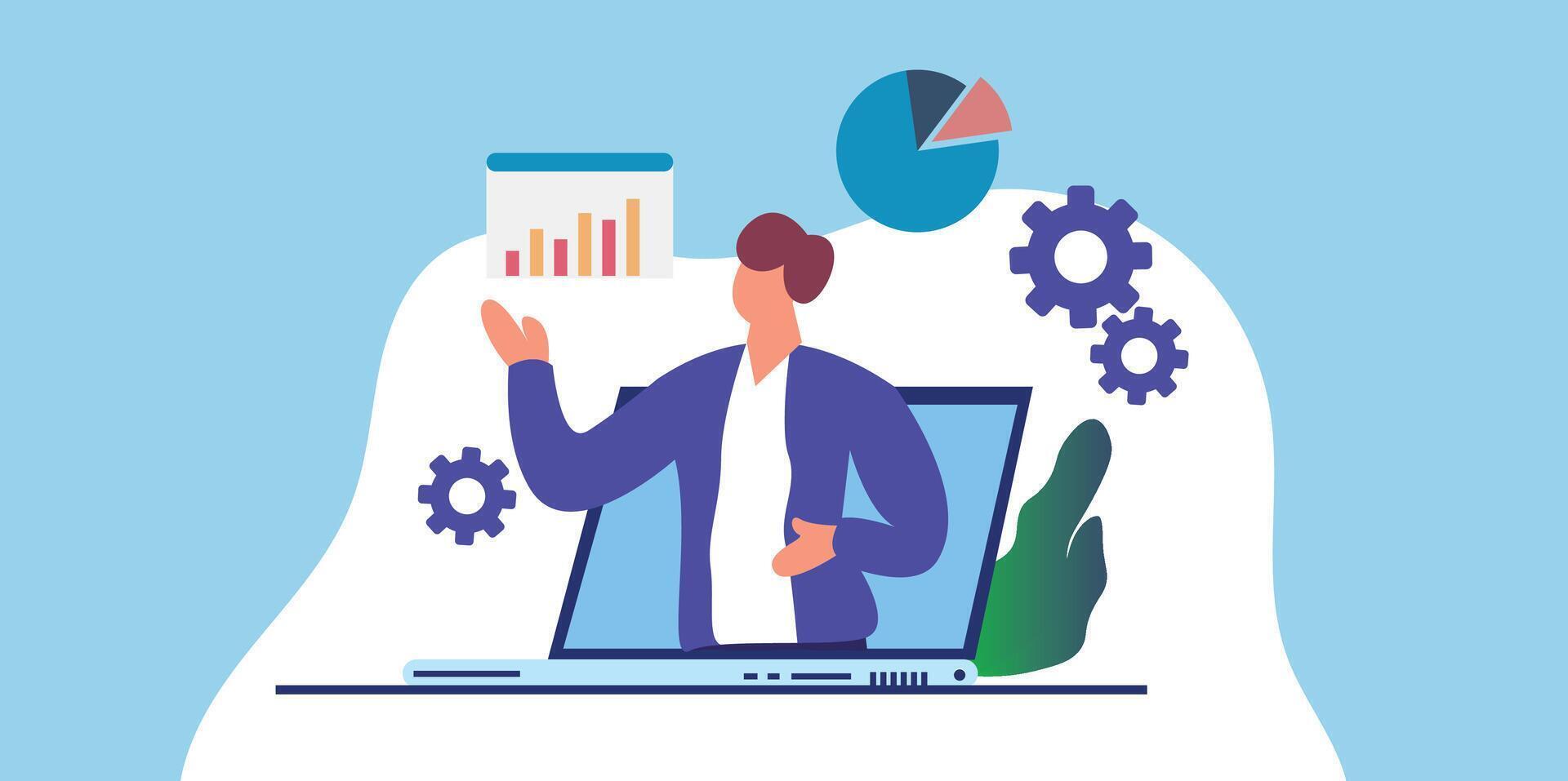 A man is working on a laptop with graphs and other items vector