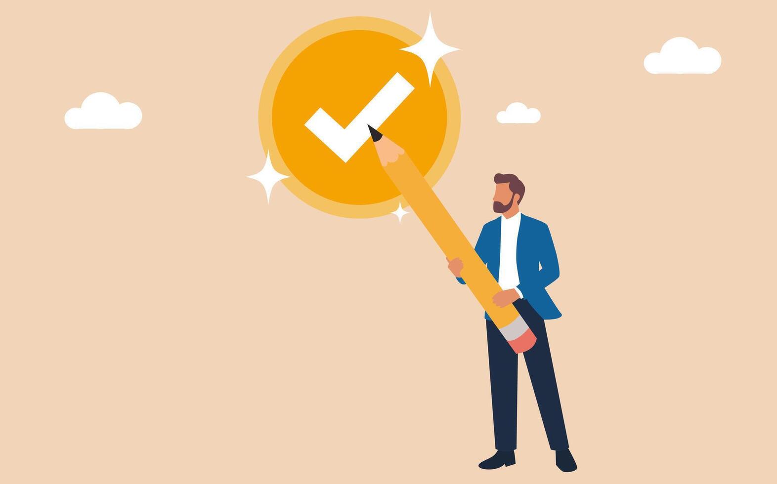 A man holding a pencil with a check mark on it vector
