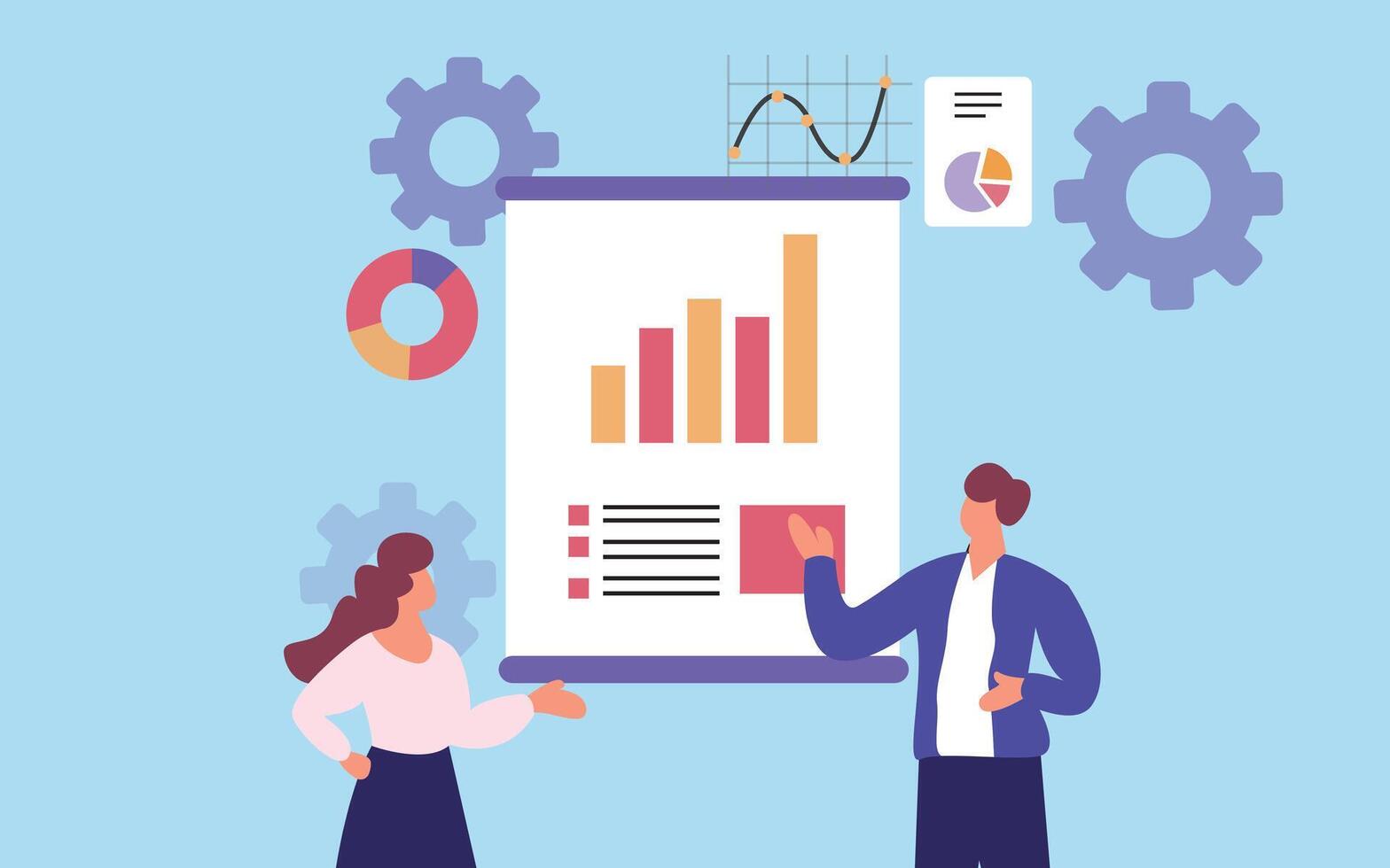 Business people standing in front of a presentation board with graphs and charts vector