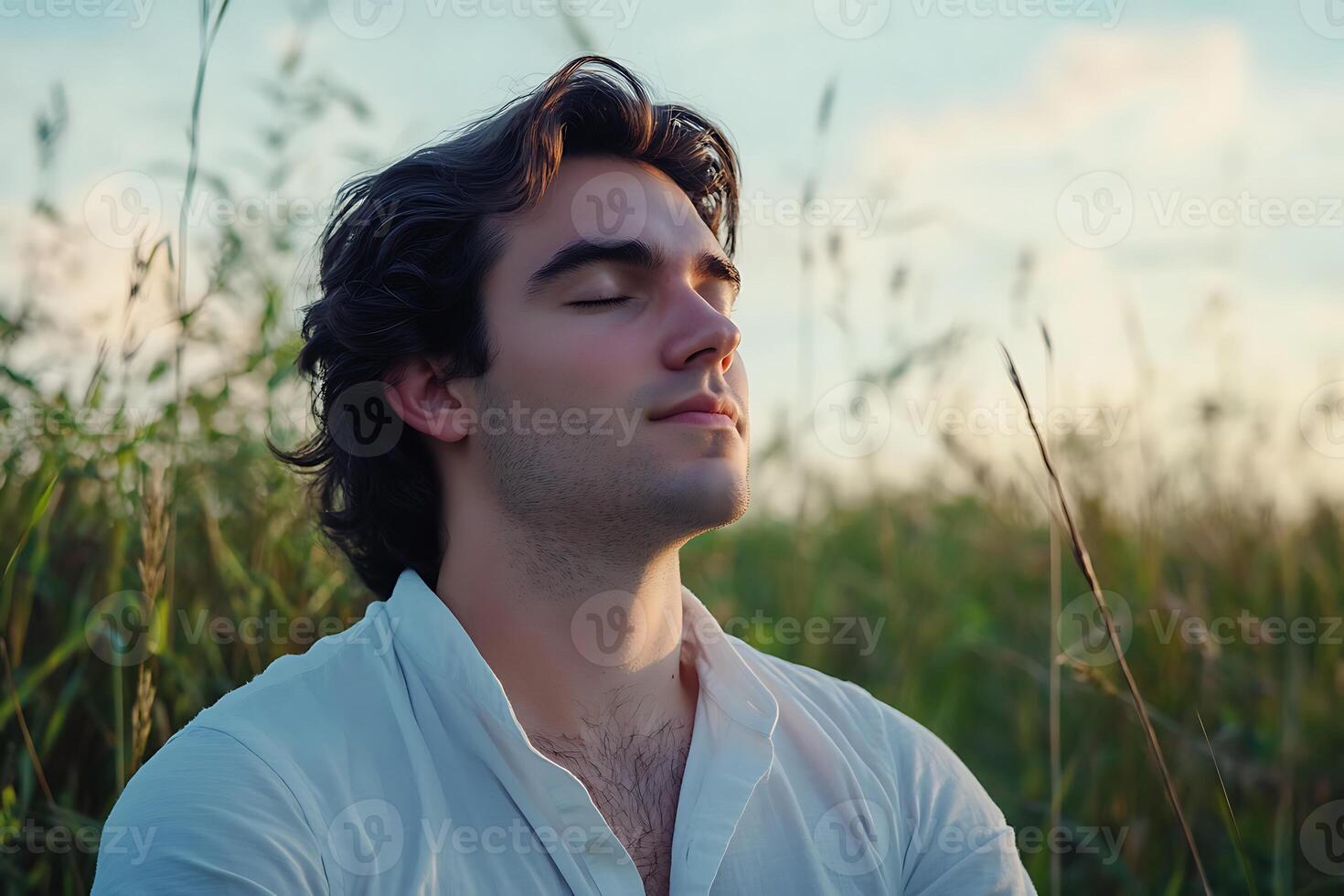 A man is meditating in a field photo