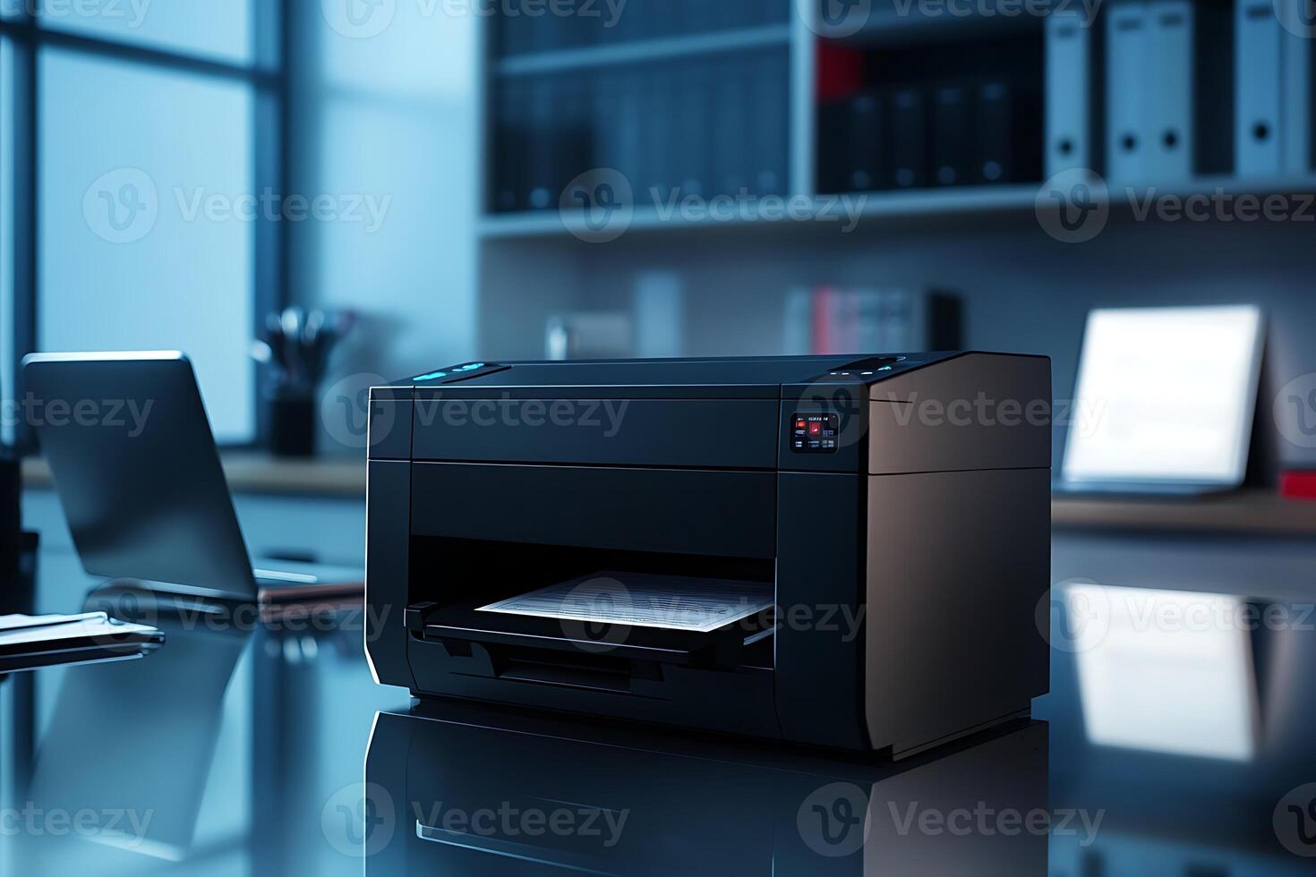A printer sitting on a desk in front of a window photo
