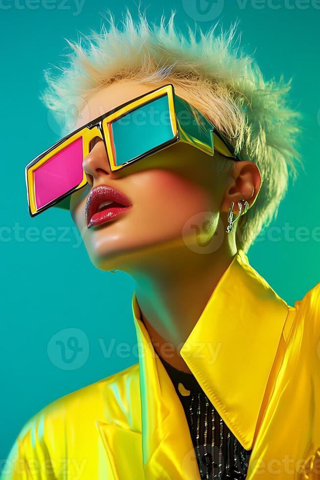 A woman with bright colored glasses and a yellow jacket photo